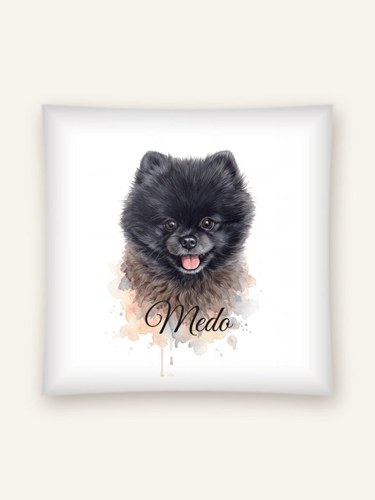 Personalised cushion with a watercolour portrait of a pet