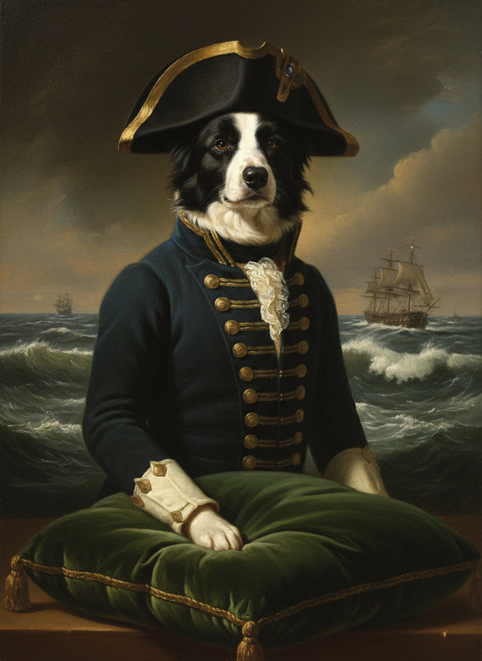 Border collie naslikan kao admiral s visokim jedrenjakom