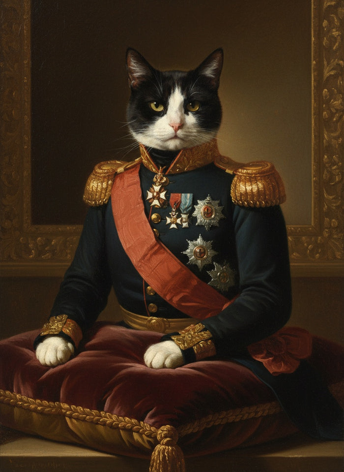 Crno-bijela mačka naslikana kao general u uniformi
