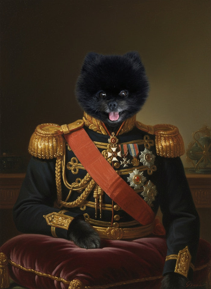 Patuljasti špic naslikan kao general u uniformi s epoletama