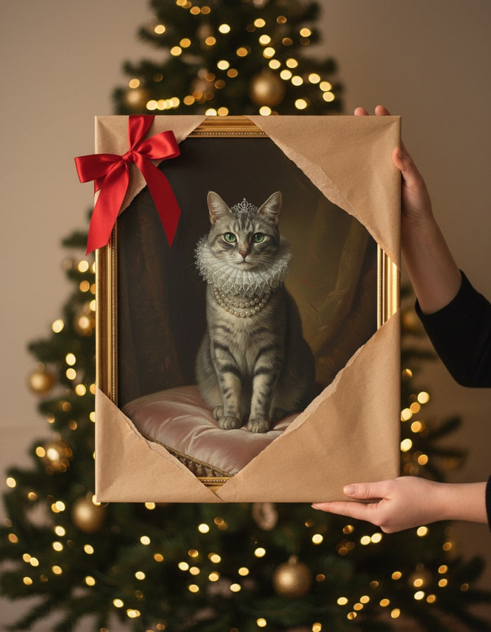 Portret mačke kao kraljice koji se otpakirava kao božićni poklon
